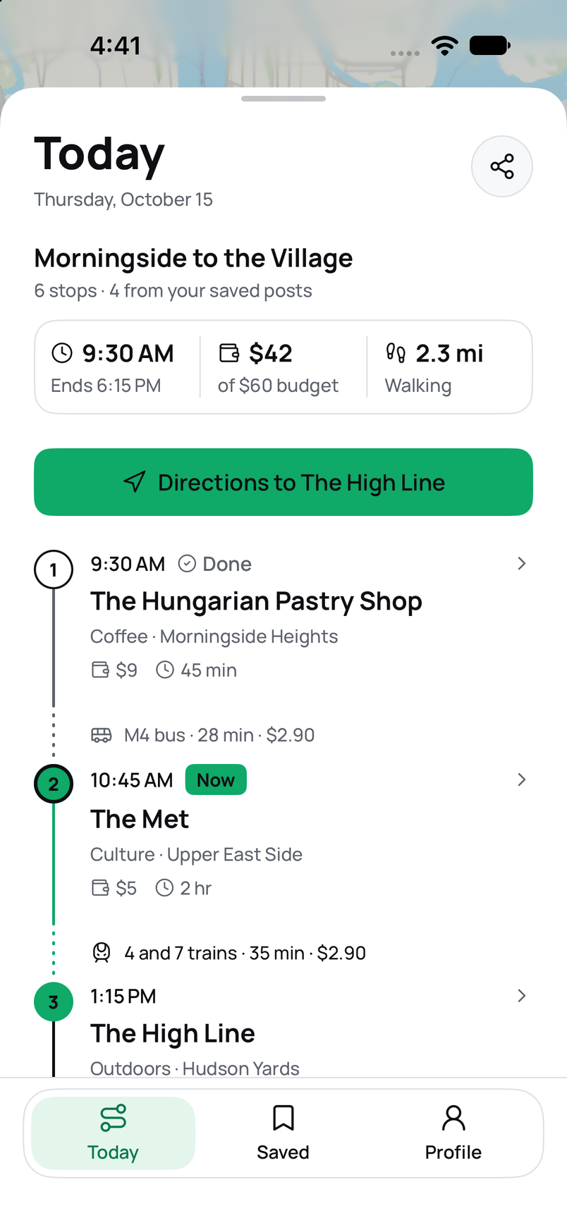 Plandit plan with six stops, timing, budget, walking distance, and a share button.